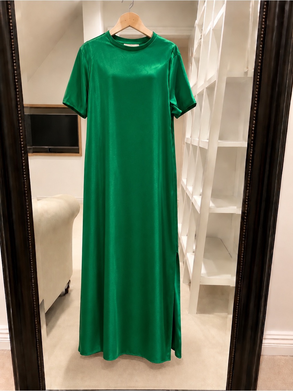 Woman’s Green Satin One-Piece Dress with slit
